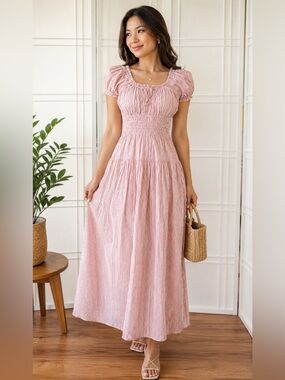 Lucky Brand Dusty Rose Smocked Cap-Sleeve Maxi Dress